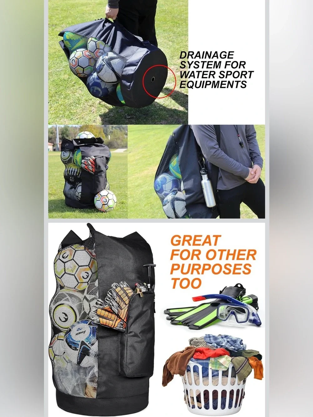 Black Sports Sling Backpack with Mesh Ball Storage